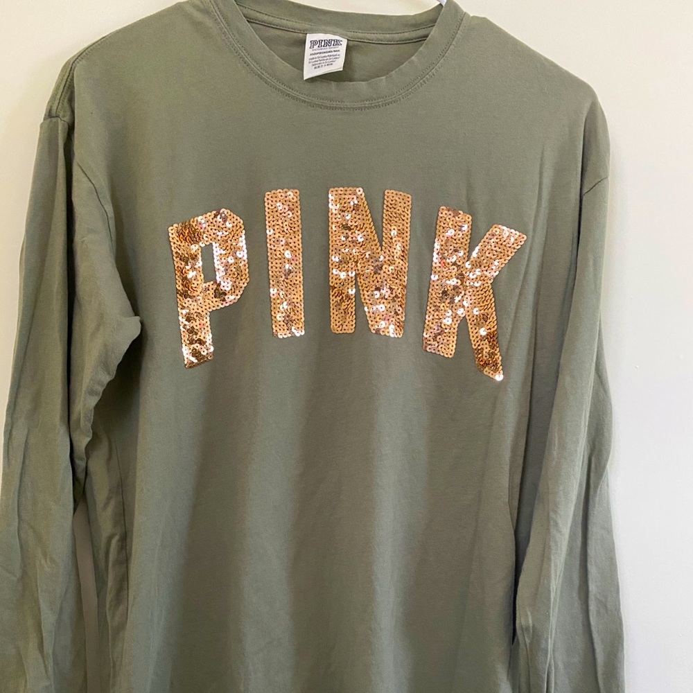 Long sleeve olive green Pink sequin top